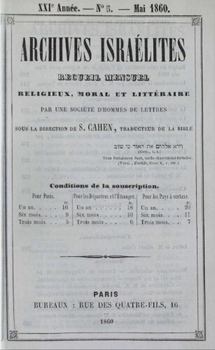 Archives israélites de France. Vol.21 N°05 (mai 1860)